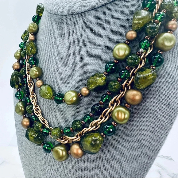 Vintage W. Germany Necklace Green Gold Beaded Multi Strand Graduated Sig… - Picture 3 of 11